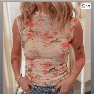 Floral Sleeveless Top - Peach and Green